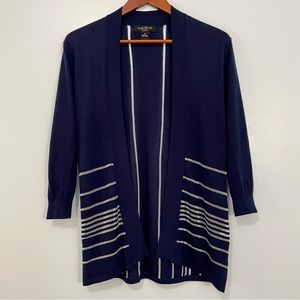 August Silk Navy Open Front Cardigan Silver Metallic Inlay